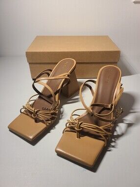 ALOHAS Tan Knotted Strappy Cactus Camel Block Heels Womens Size 8.5